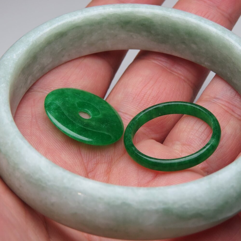 "Natural Jade bangle + Jade Ring & Jade Donut 70mm=31/4"" Extra Large"
